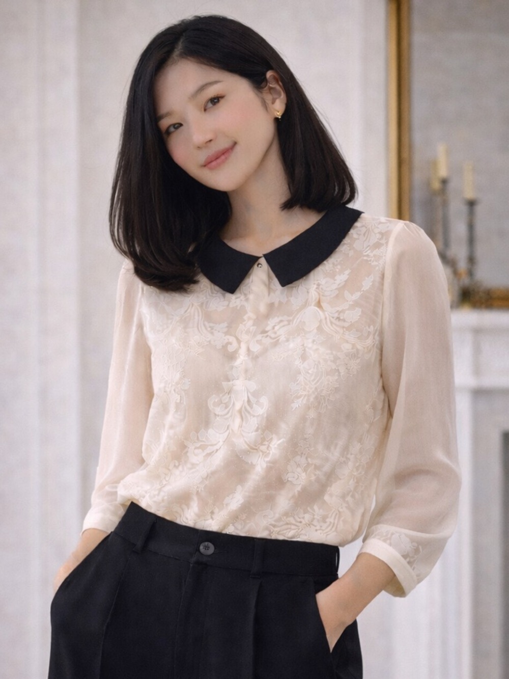 Sandro Paris Ivory Silk Lace Blouse Peter Pan Collar Sheer Romantic Top Size 3